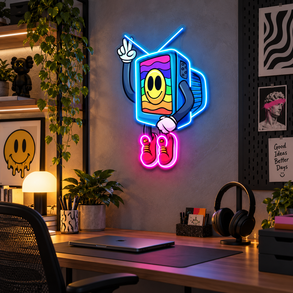 Retro TV Smiley Face LED Neon Sign – Colorful Pop Art Wall Decor