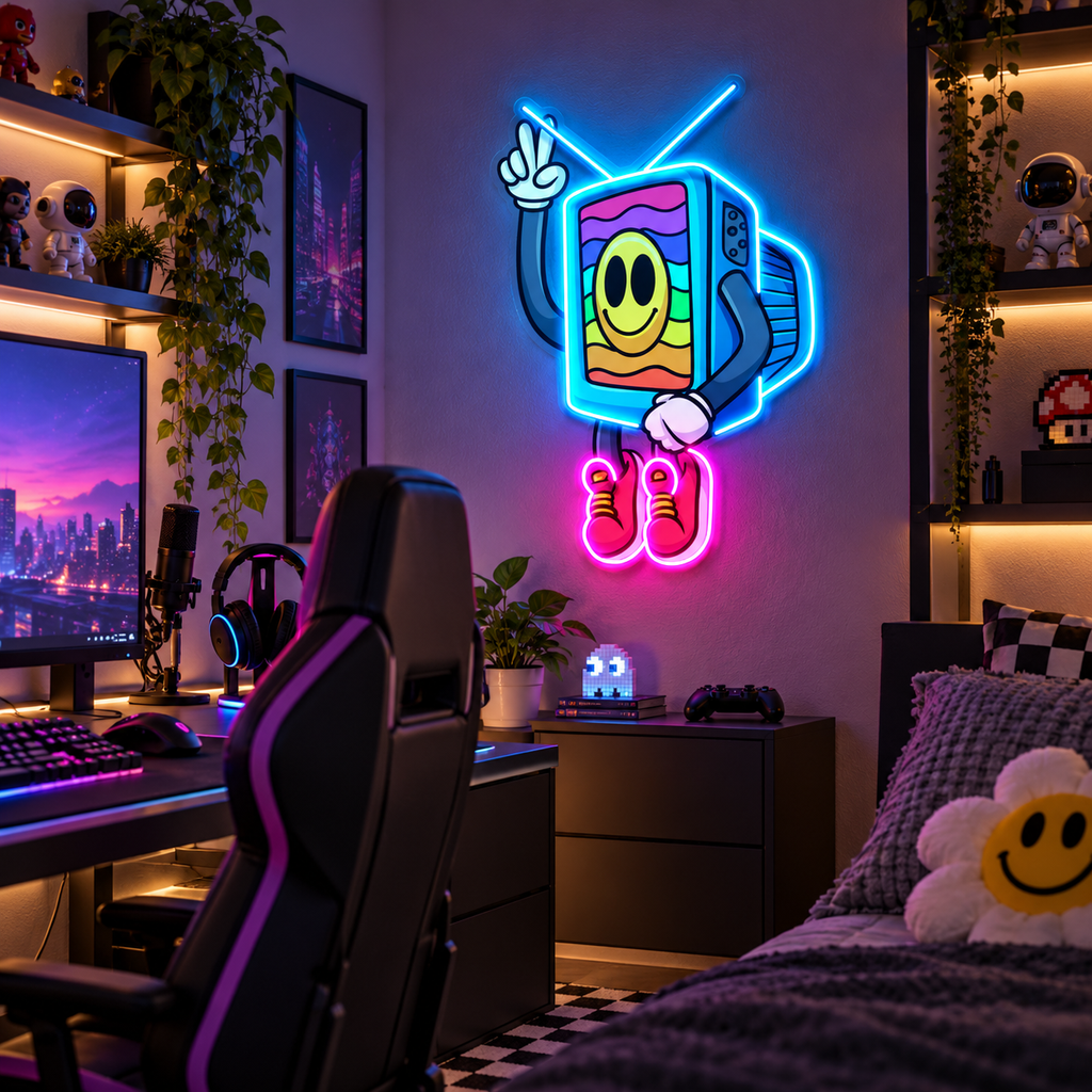 Retro TV Smiley Face LED Neon Sign – Colorful Pop Art Wall Decor