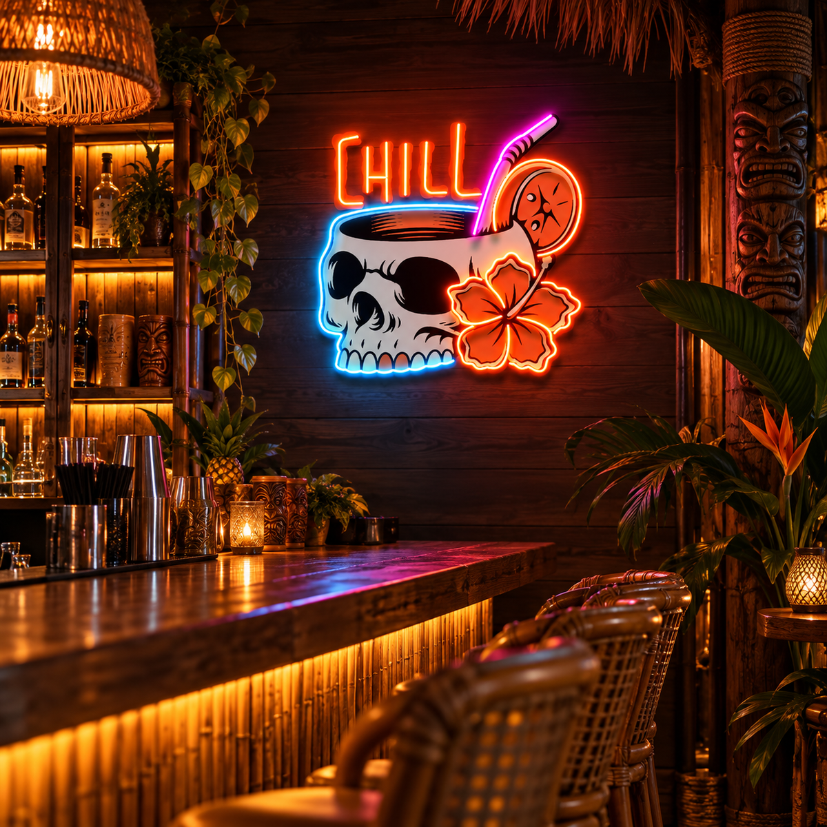 Cocktail Skull LED Neon Sign Light Pop Art