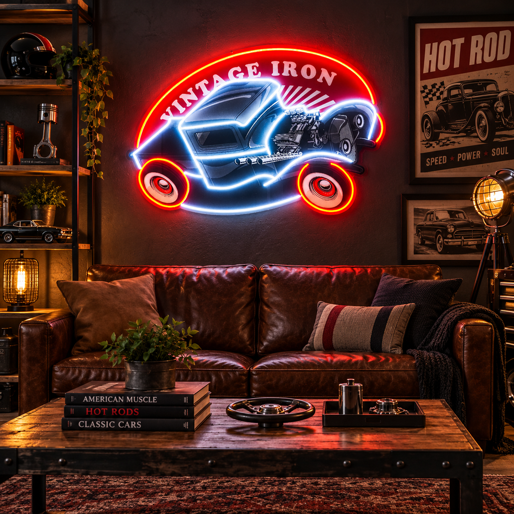 Vintage Iron Hot Rod LED Neon Sign Light Pop Art