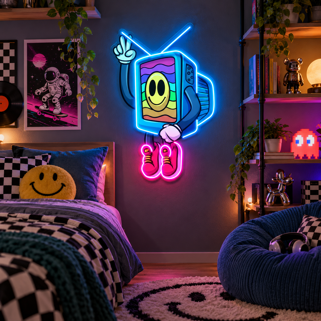 Retro TV Smiley Face LED Neon Sign – Colorful Pop Art Wall Decor