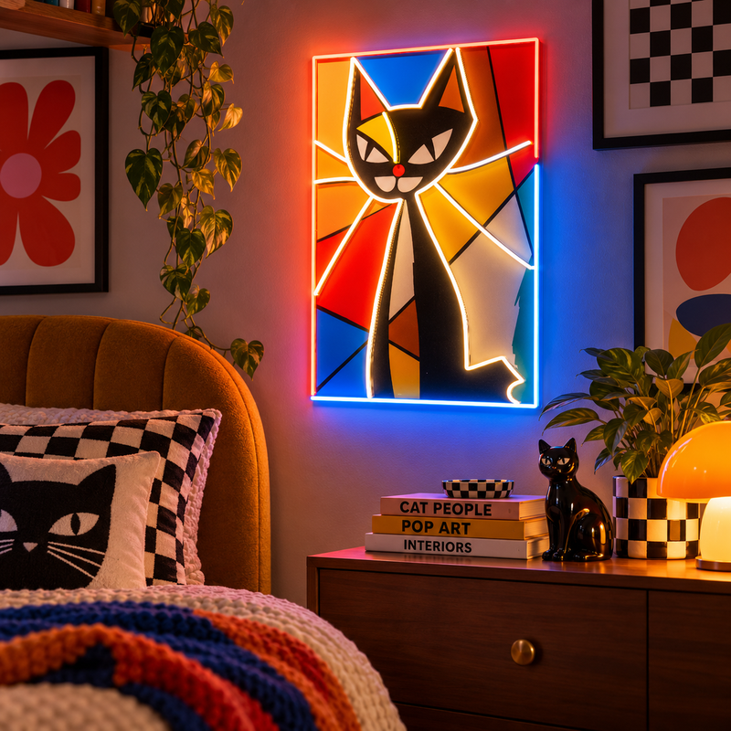 Colorful Cat Painting In Abstract Art LED Neon Sign Light