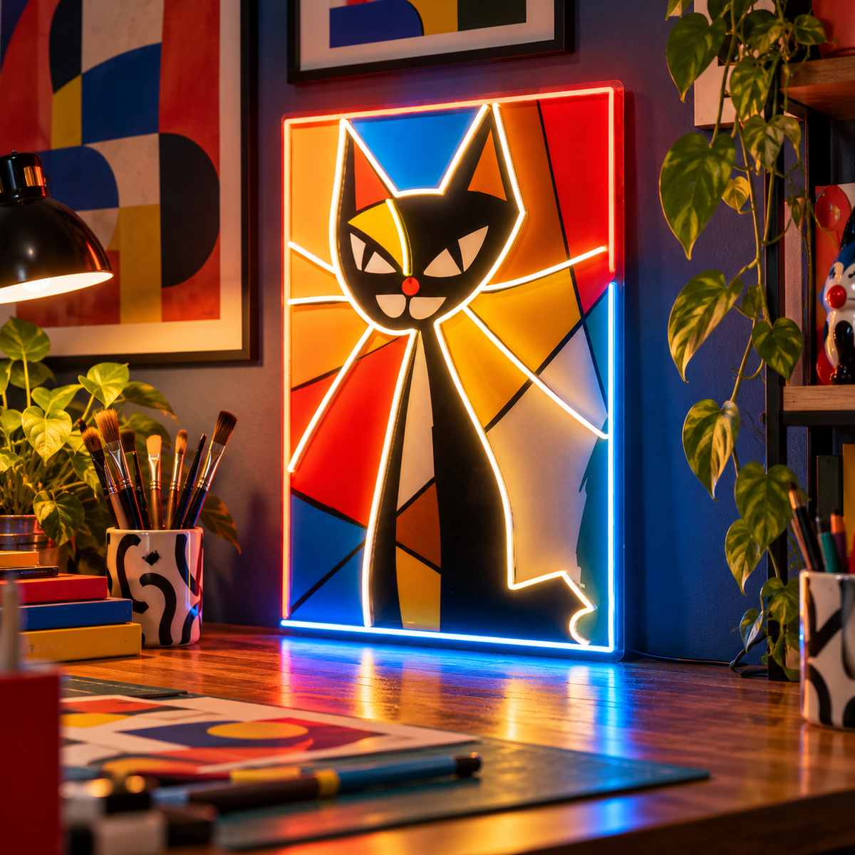Colorful Cat Painting In Abstract Art LED Neon Sign Light