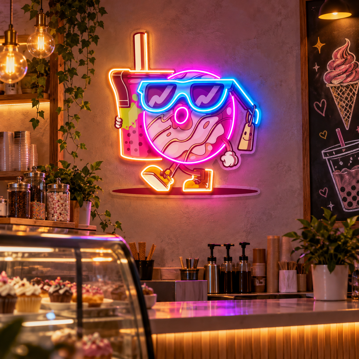 Cool Donut & Bubble Tea LED Neon Sign Light Pop Art