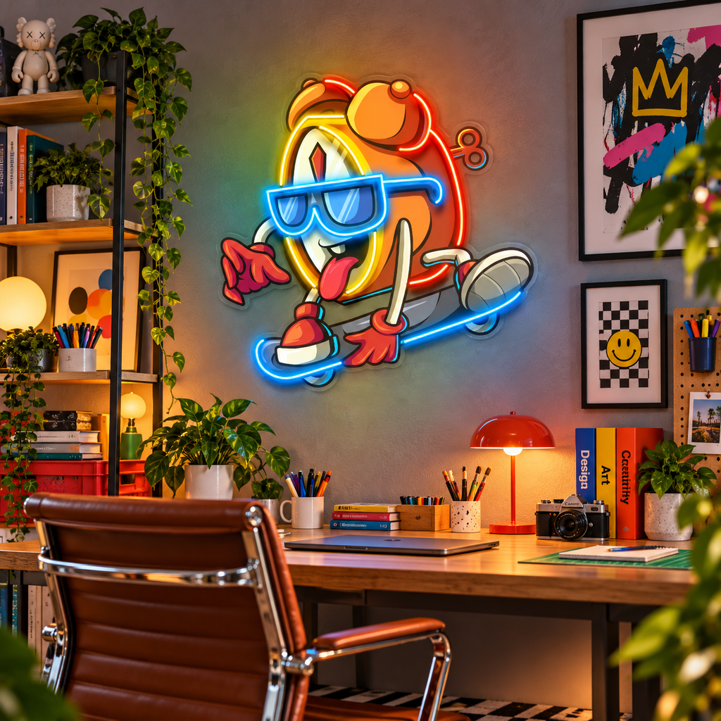 Cool Clock Skateboard Neon Acrylic Artwork
