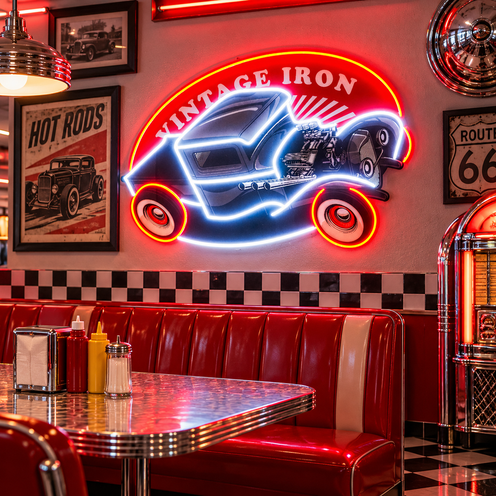 Vintage Iron Hot Rod LED Neon Sign Light Pop Art
