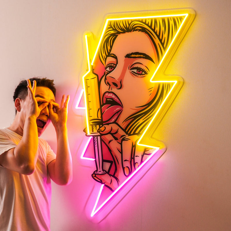 Beautiful Woman Is Holding An Injection LED Neon Sign Light Pop Art