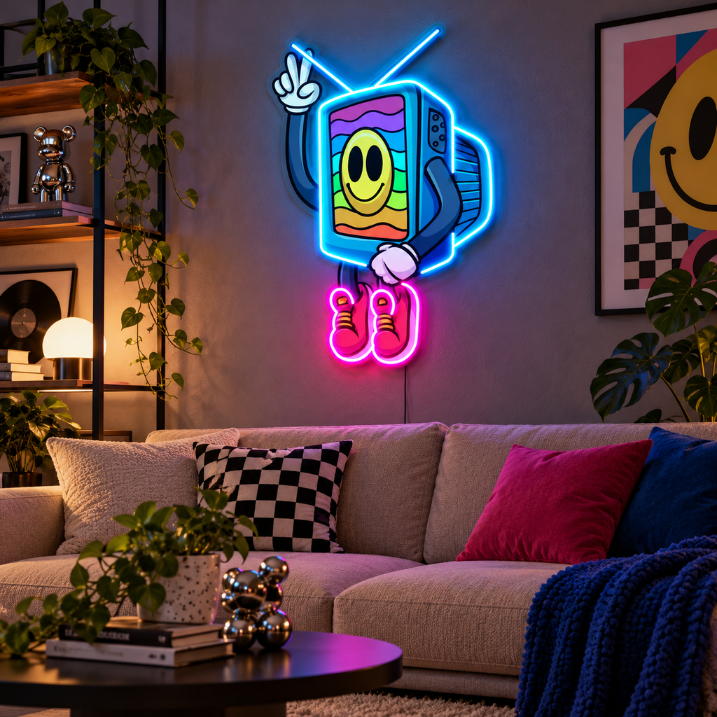 Retro TV Smiley Face LED Neon Sign – Colorful Pop Art Wall Decor