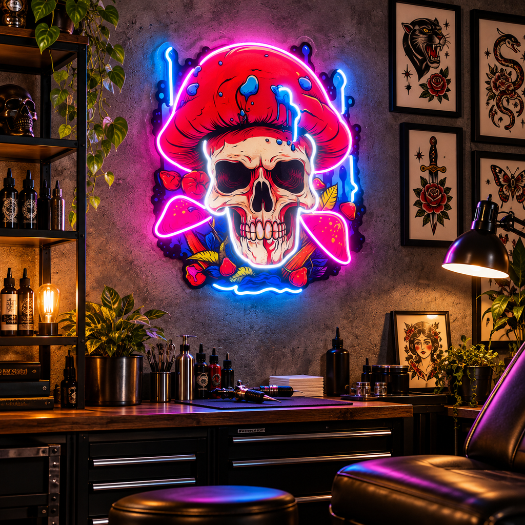 Skull Mushroom Neon Acrylic Artwork