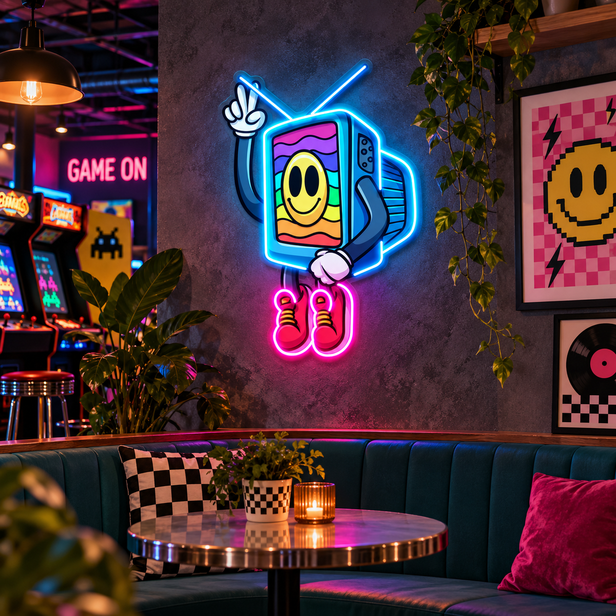 Retro TV Smiley Face LED Neon Sign – Colorful Pop Art Wall Decor