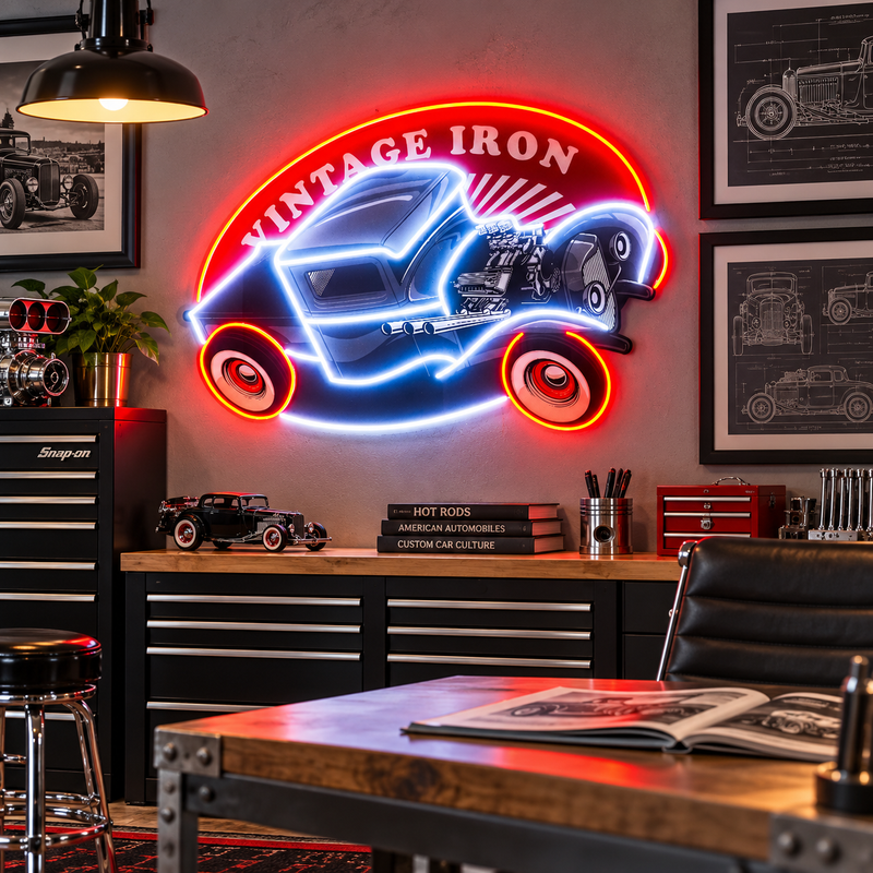 Vintage Iron Hot Rod LED Neon Sign Light Pop Art