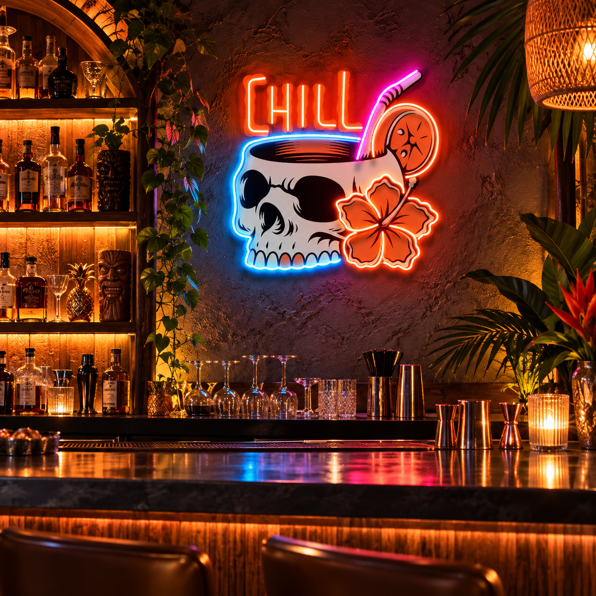 Cocktail Skull LED Neon Sign Light Pop Art