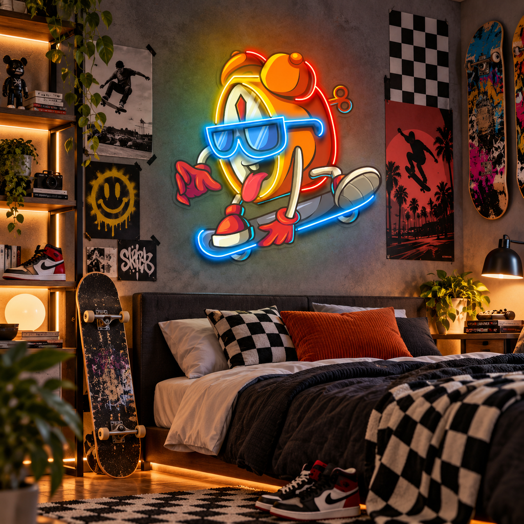Cool Clock Skateboard Neon Acrylic Artwork