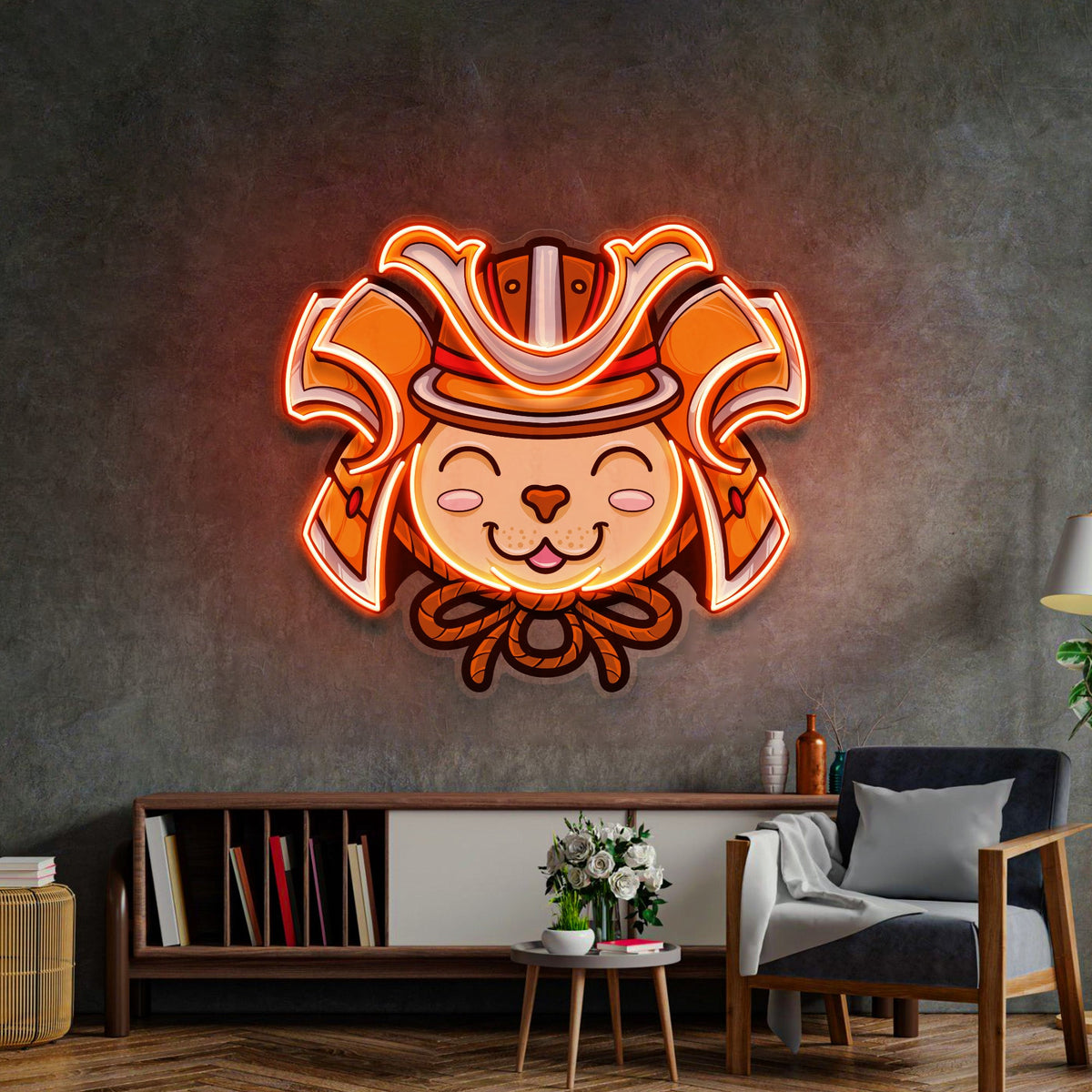 Cat Wearing Samurai Helmet LED Neon Sign Light Pop Art