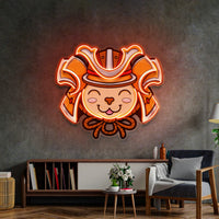 Cat Wearing Samurai Helmet LED Neon Sign Light Pop Art