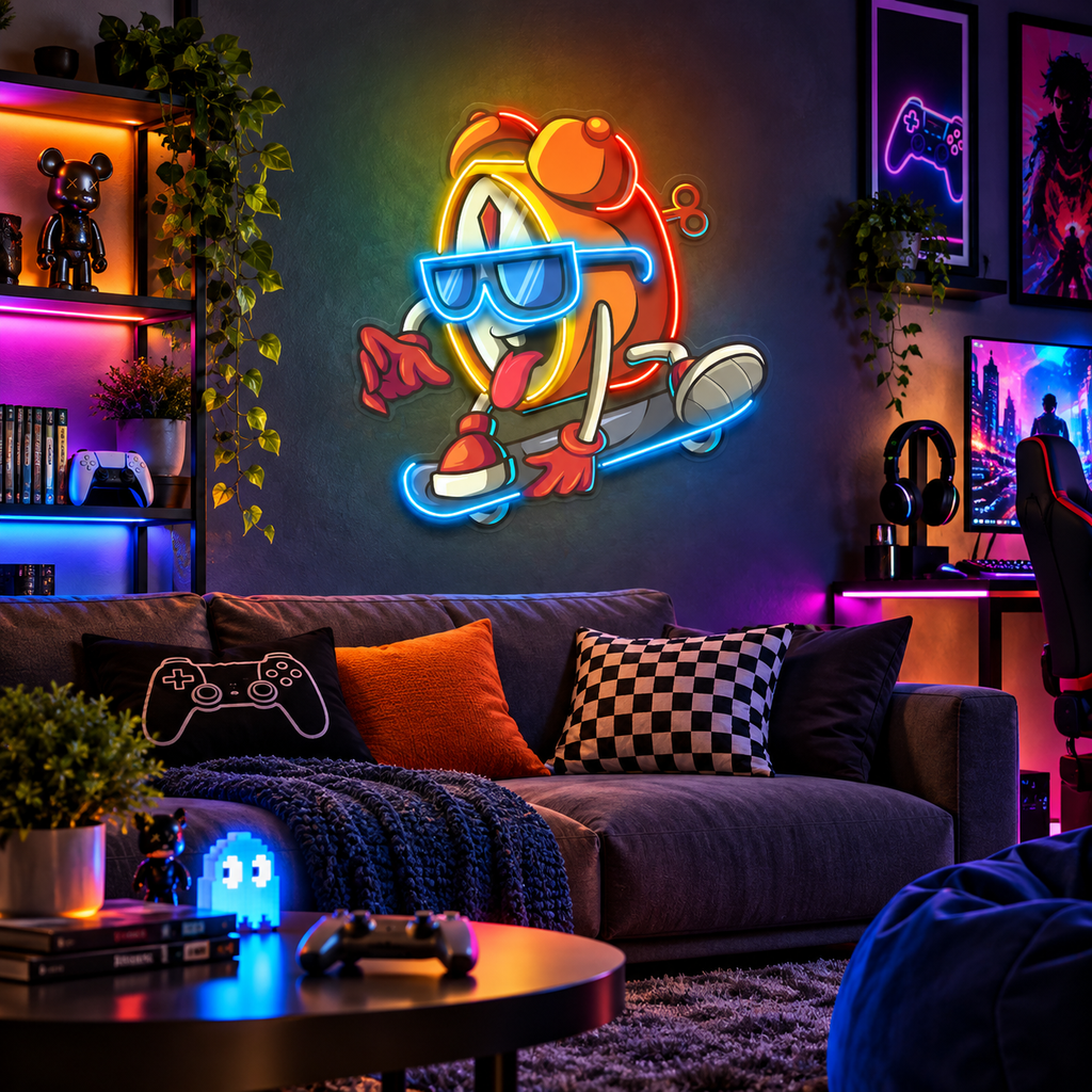 Cool Clock Skateboard Neon Acrylic Artwork