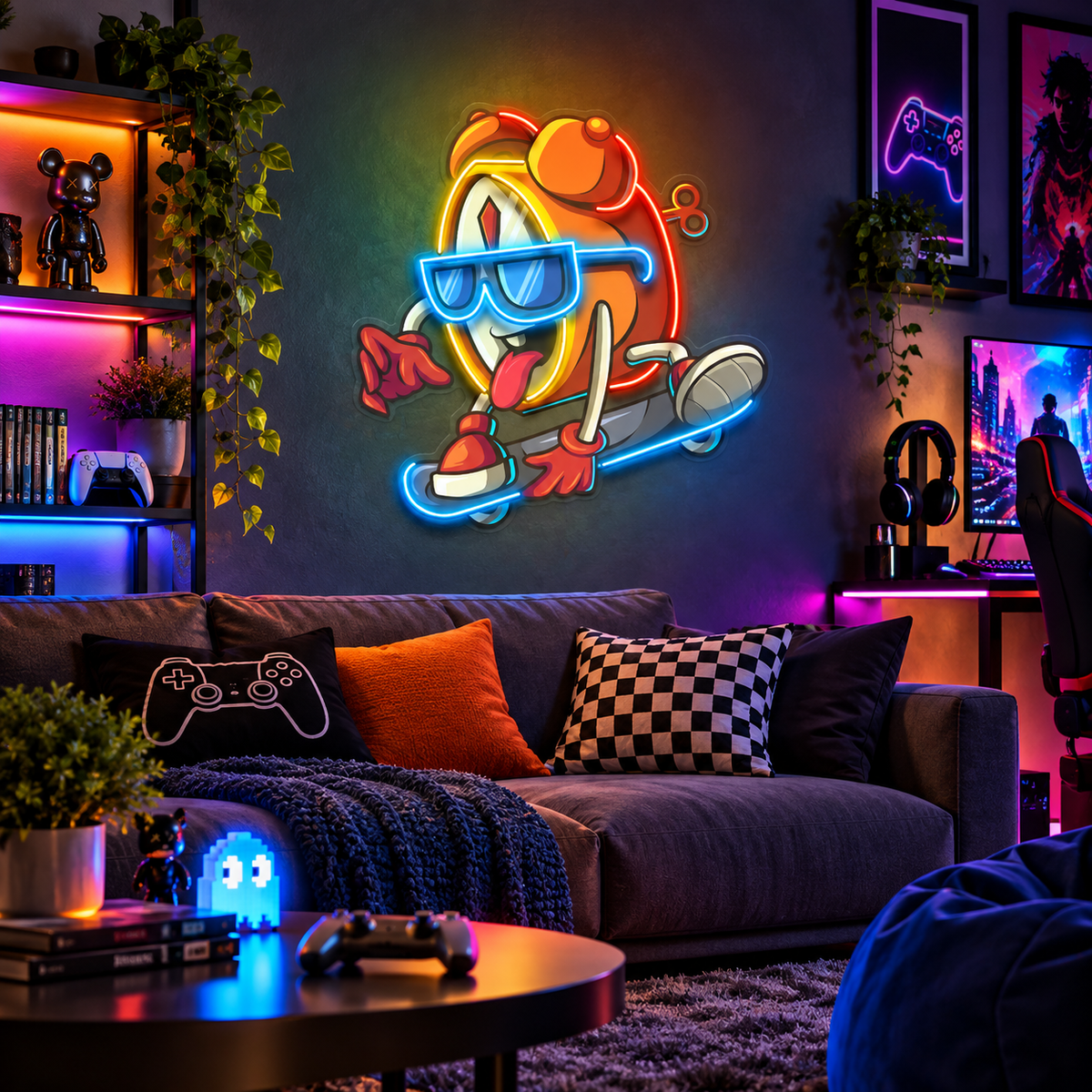 Cool Clock Skateboard Neon Acrylic Artwork