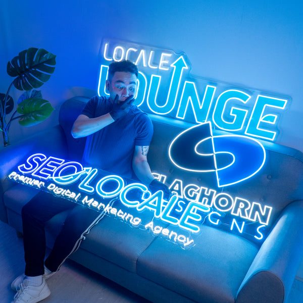 Locale Lounge and SEO Local agency signs in blue