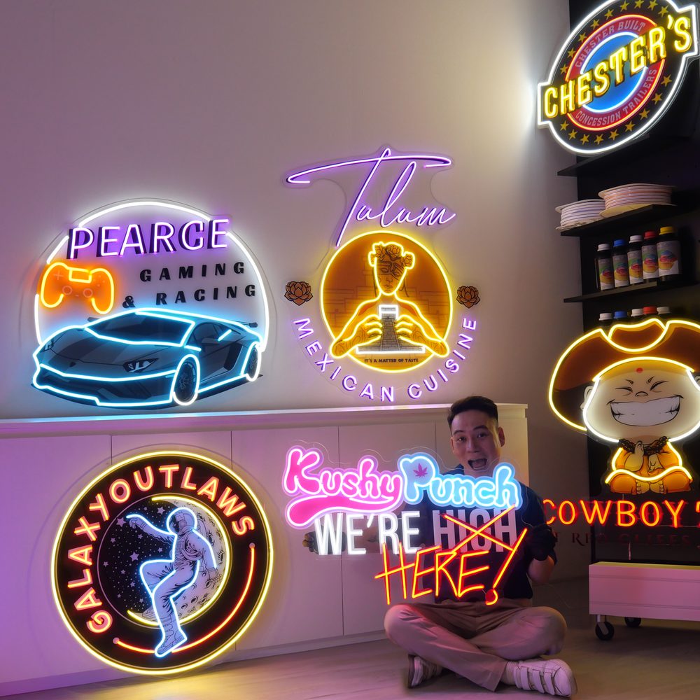Gaming, restaurant and dispensary logo signs on a shelf wall