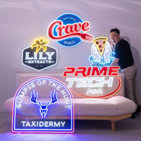 Crave, Lily and Prime brand signs grouped on a wall